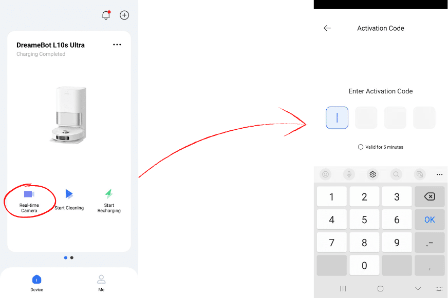 Ввод четырехзначного кода для видеонаблюдения Dreame L10s Ultra.